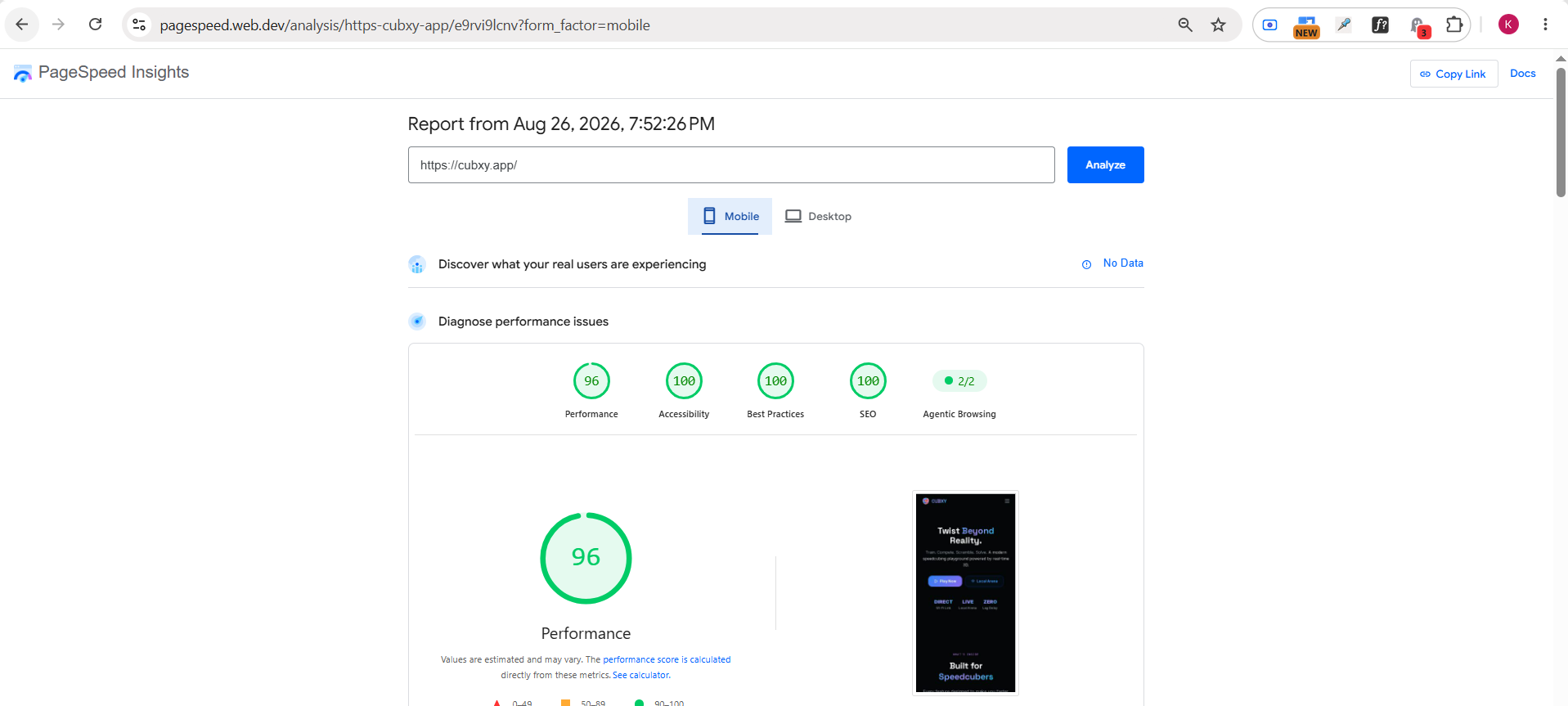 PageSpeed Insights mobile report for cubxy.app