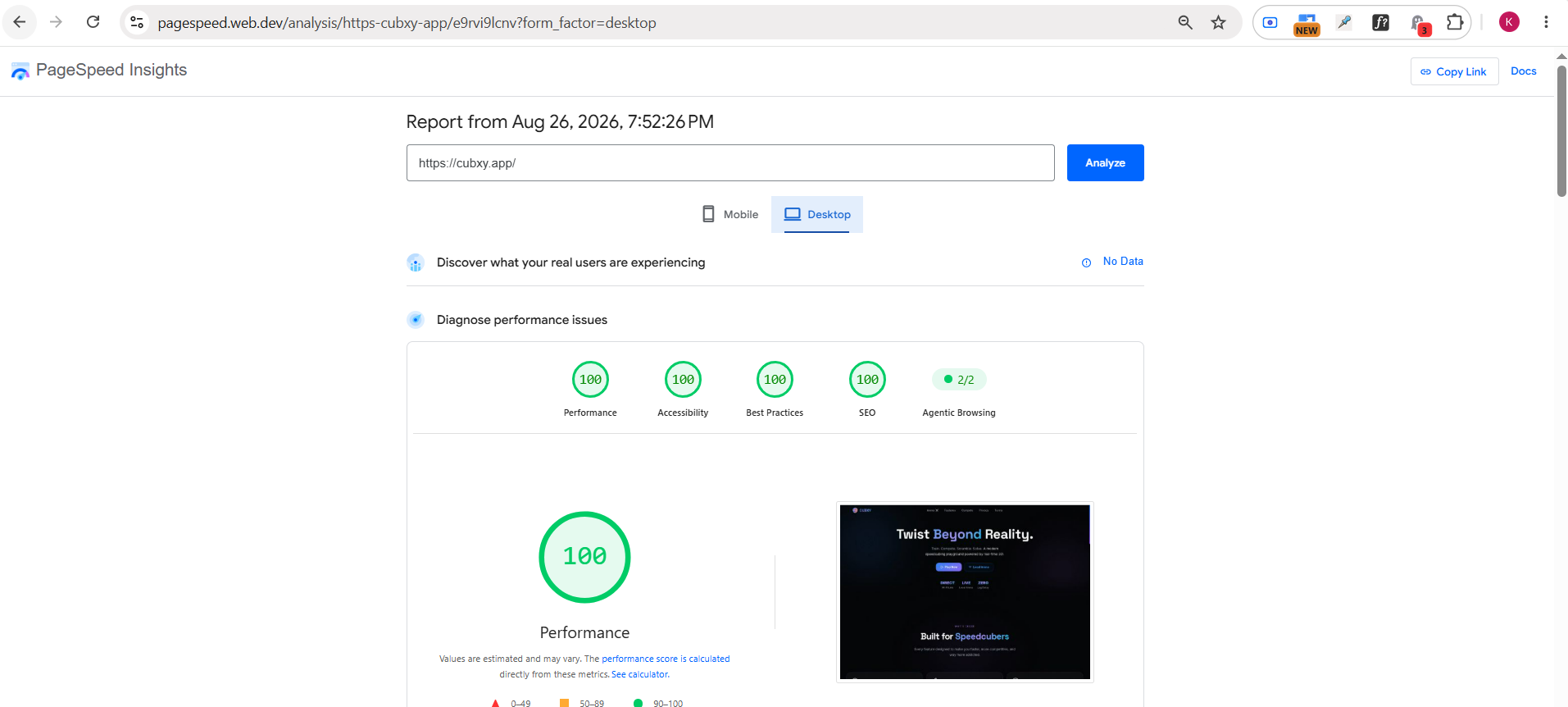 PageSpeed Insights desktop report for cubxy.app